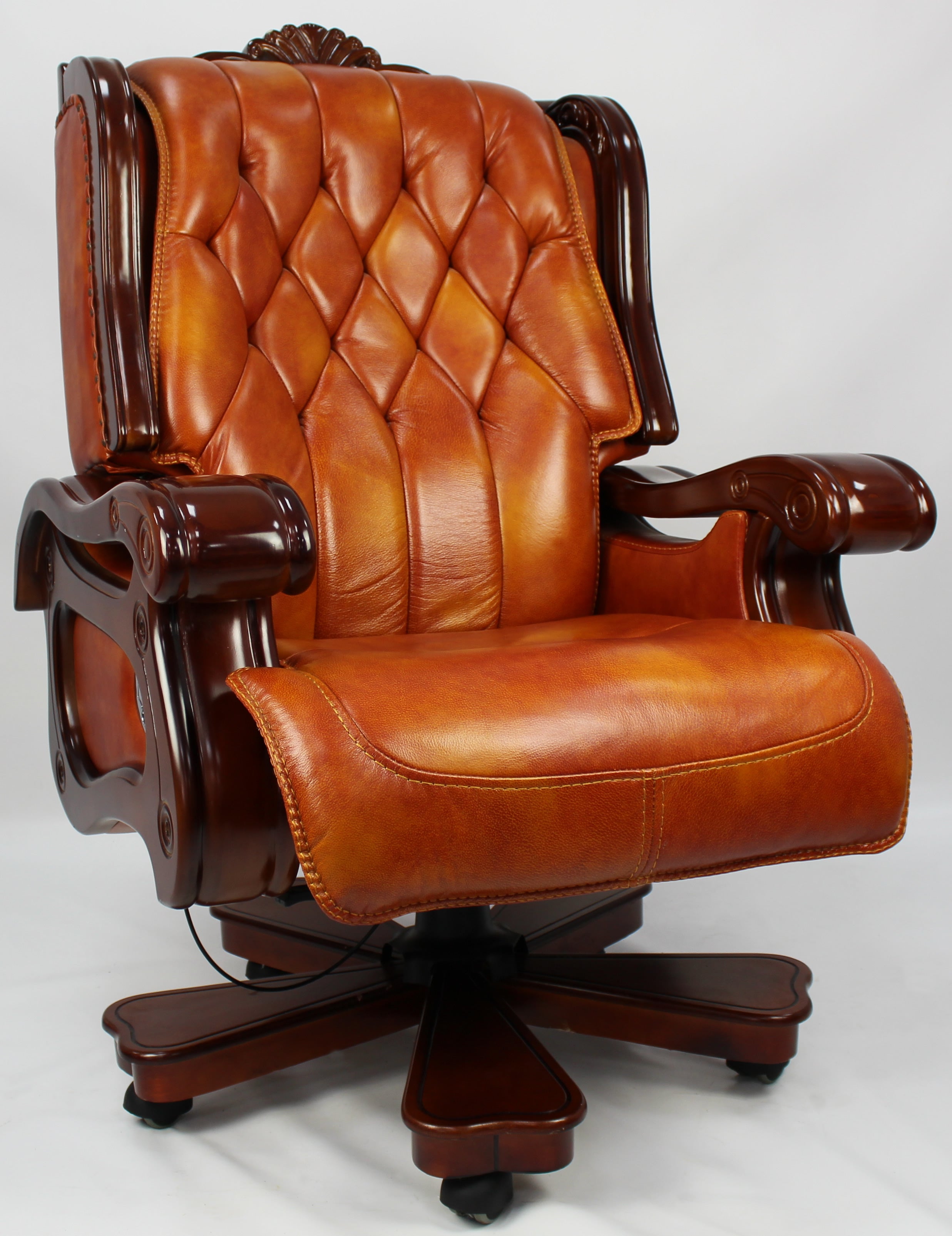 Luxury Executive Office Chair with Wooden Arms and Genuine Tan Leather - J001 UK