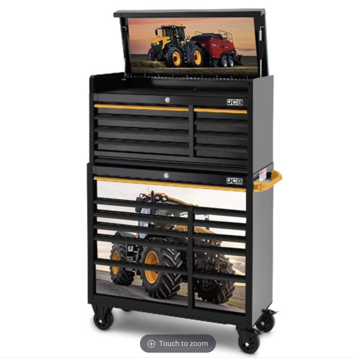 JCB 42’’ Roller Cabinet And Top Tool Chest Stack With Fastrac Tractor Wrap 