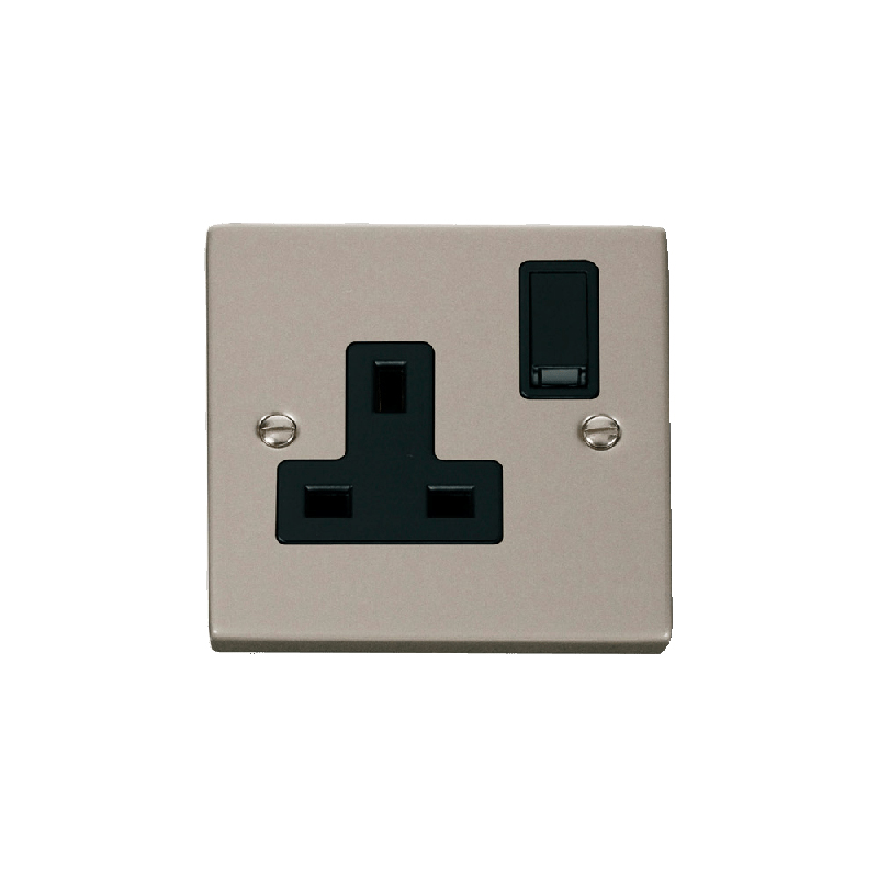 Click Deco 1 Gang 13A DP Switched Socket Outlet Pearl Nickel Insert Black