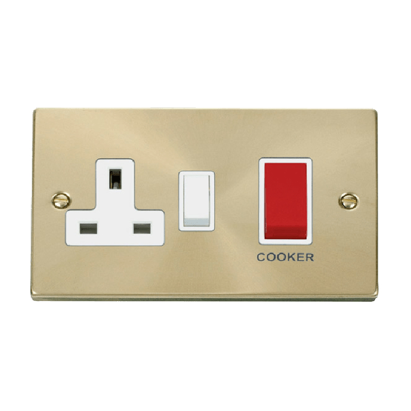 Click Deco 45A DP Switch 13A Switched Socket Satin Brass Insert White