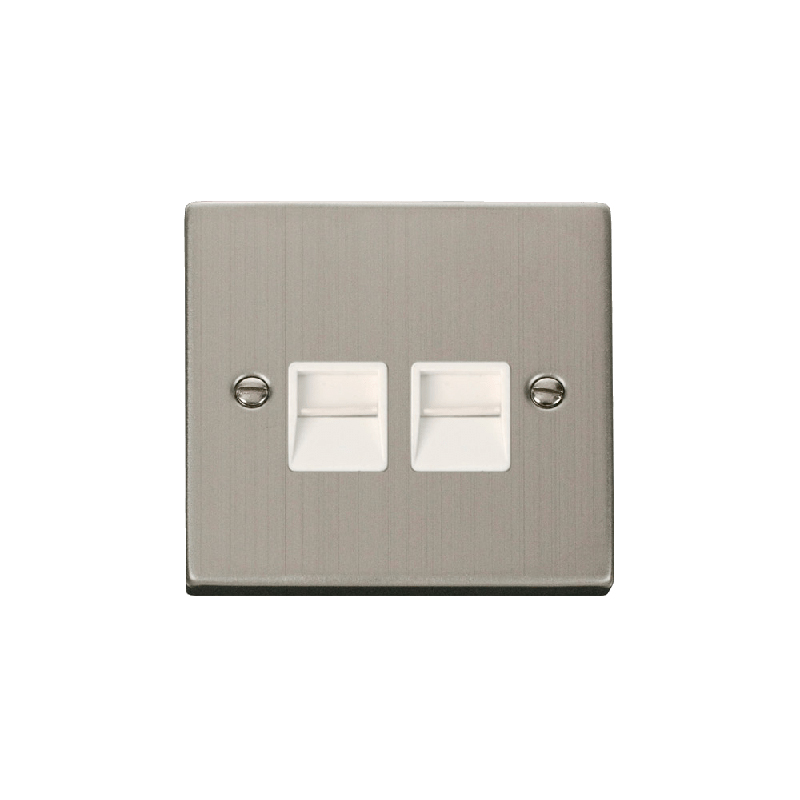 Click Deco Twin Telephone Socket Outlet Master Stainless Steel Insert White