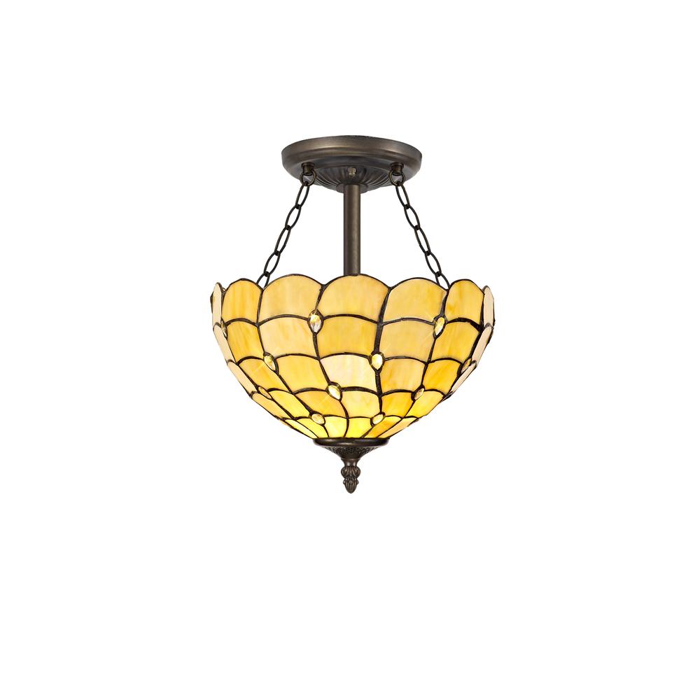 Luxuria Luna 3 Light Semi Flush E27 With 30cm Tiffany Shade Beige/Clear Crystal/Aged Antique Brass