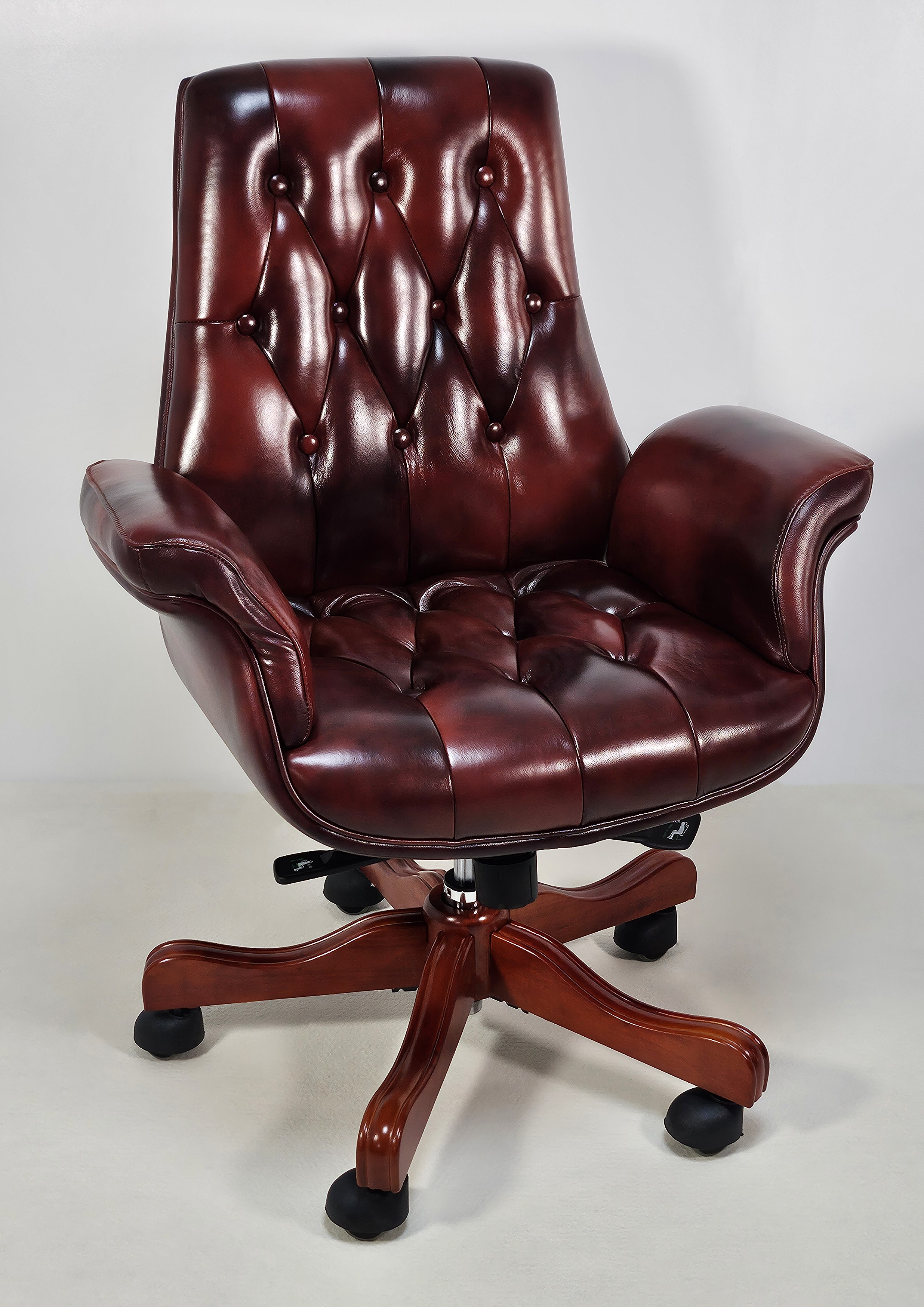 Luxury Medium Back Burgundy Genuine Leather Executive Chesterfield Office Chair - Reclining Feature - 2302B UK