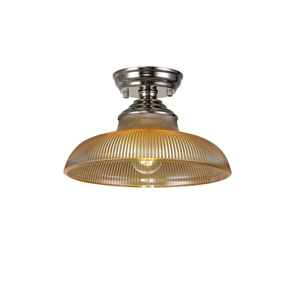 Luxuria Sirius Flush Ceiling Light E27 With Round 30cm Glass Shade Polished Nickel/Amber