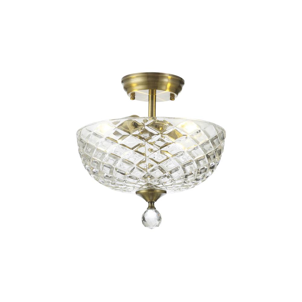 Luxuria Sirius Flush Ceiling Light 2xE27 With Flat Round 30cm Patterned Glass Shade Antique Brass/Clear