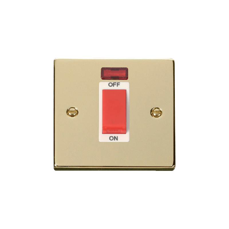 Click Deco 1 Gang 45A DP Switch with Neon Polished Brass Insert White