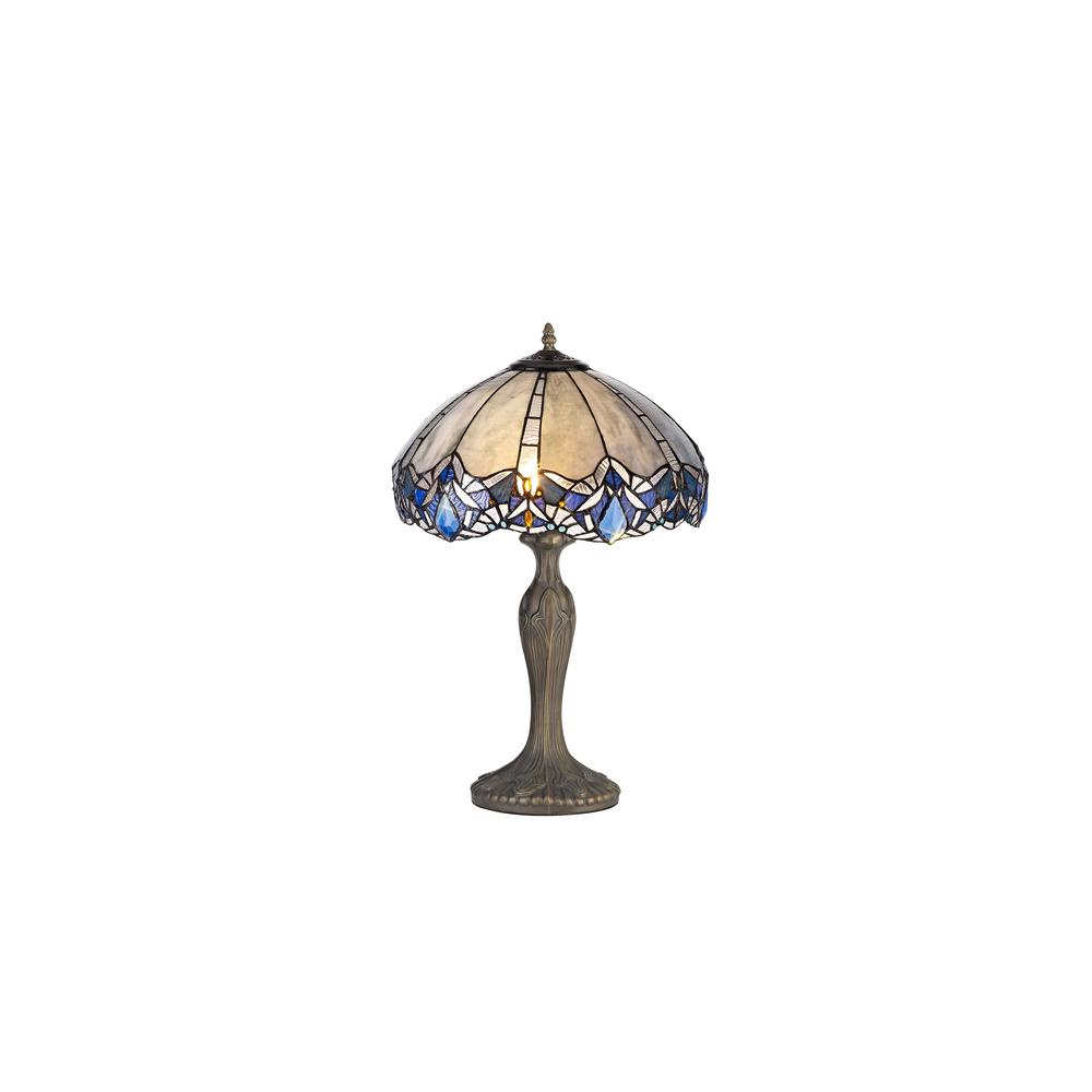 Luxuria Axis 2 Light Curved Table Lamp E27 With 40cm Tiffany Shade Blue/Clear Crystal/Aged Antique Brass