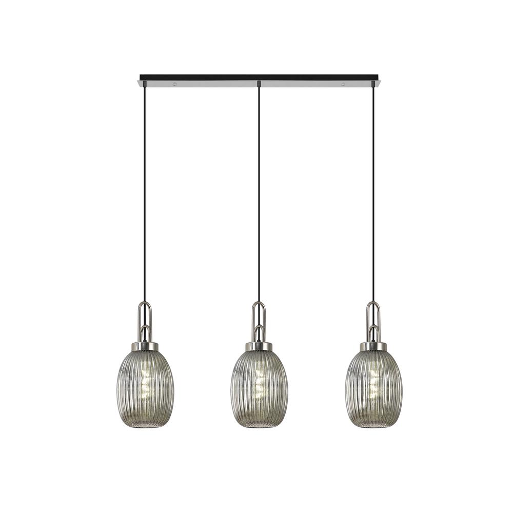 Luxuria Kennith Linear 3 Light Pendant E27 With 20cm Almond Ribbed Glass Smoked Polished Nickel/Matt Black