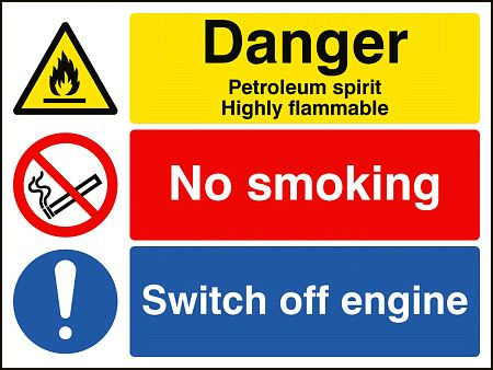 Petroleum spirit/no smoking/switch off engine