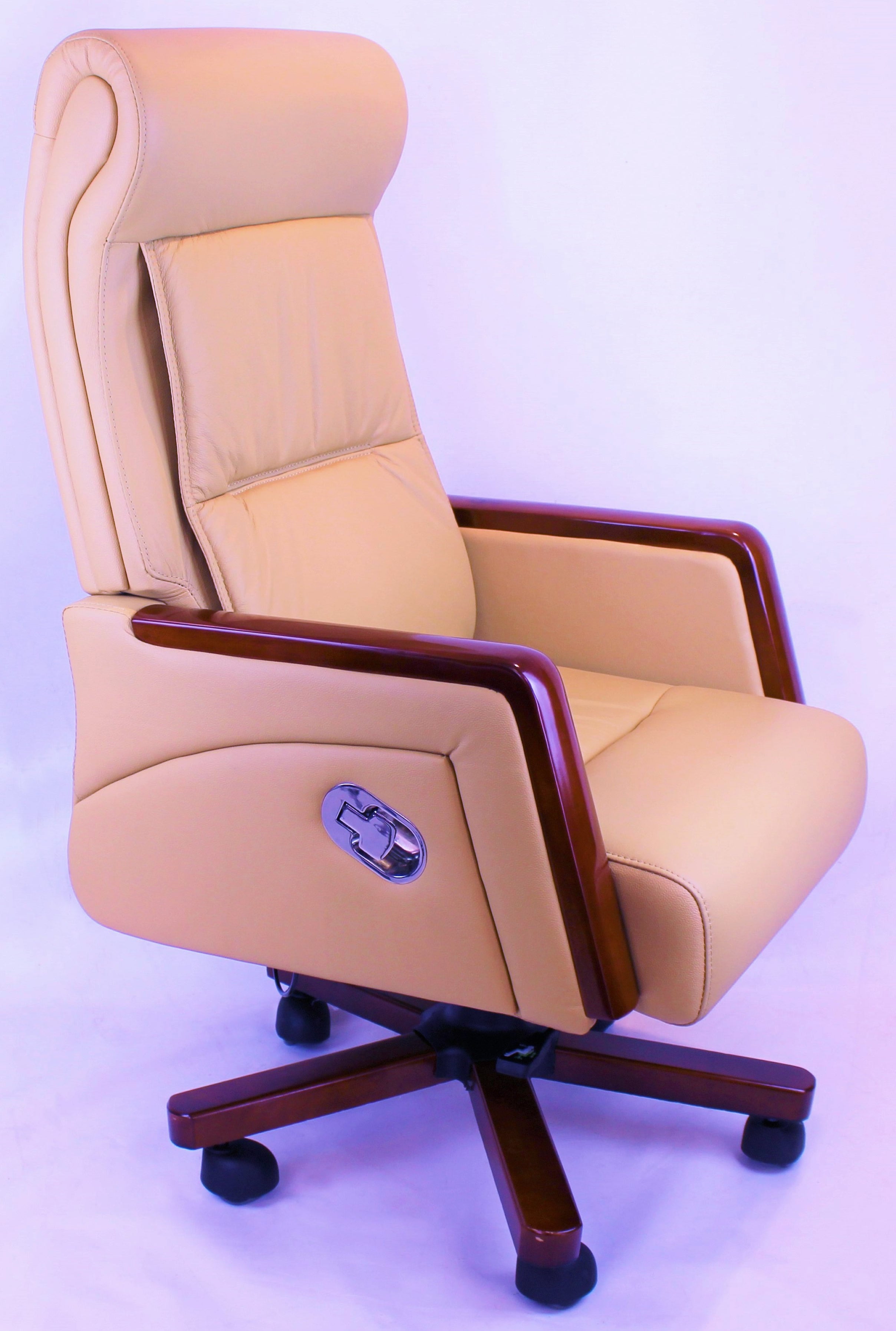 Specialising In Reclining Beige Leather Executive Office Chair with Wooden Arms - SZ-A109 UK