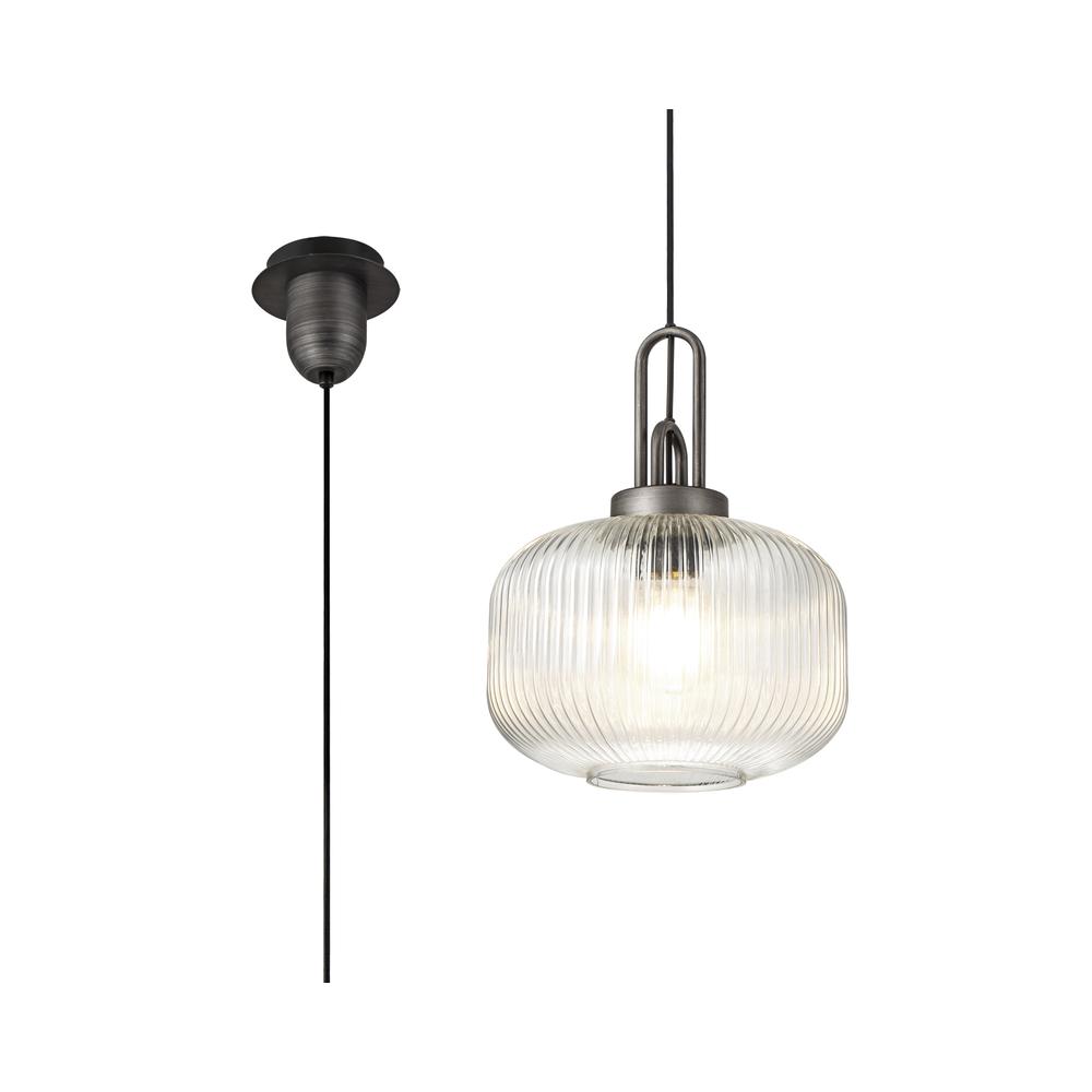 Luxuria Kennith Pendant Light E27 30cm Pumpkin Shaped Ribbed Glass Clear Black/Aged Pewter