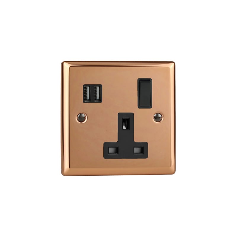 Varilight Urban 1G 13A SP Switched Socket with USB Charging Ports Polished Copper (Standard Plate)