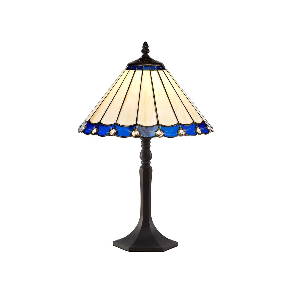 Luxuria Sleek 1 Light Octagonal Table Lamp E27 With 30cm Tiffany Shade Blue/Cream/Crystal/Aged Antique Brass