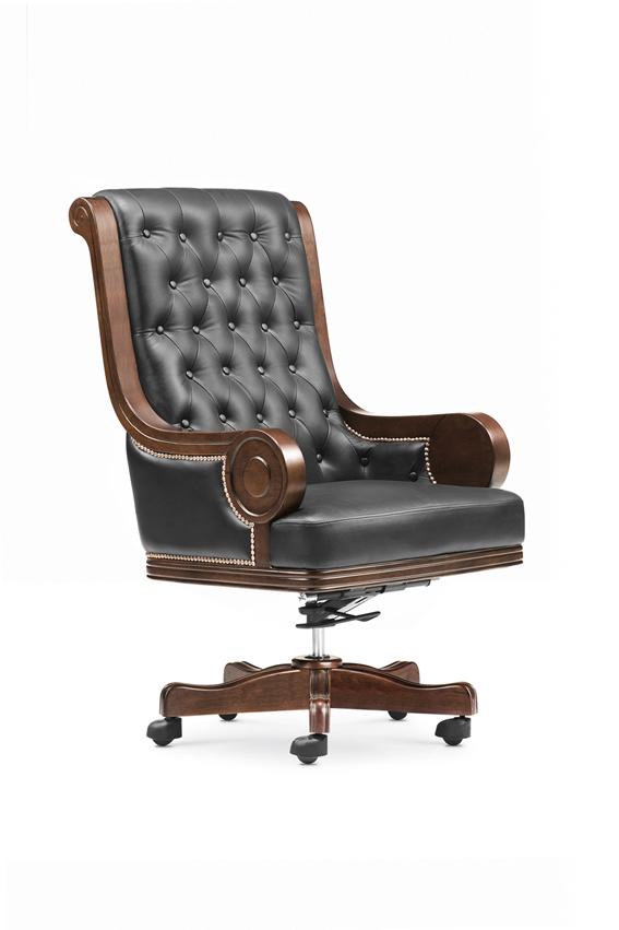 Black Genuine Leather Executive Chesterfield Office Chair with Walnut Arms - CHA-F97A1 UK