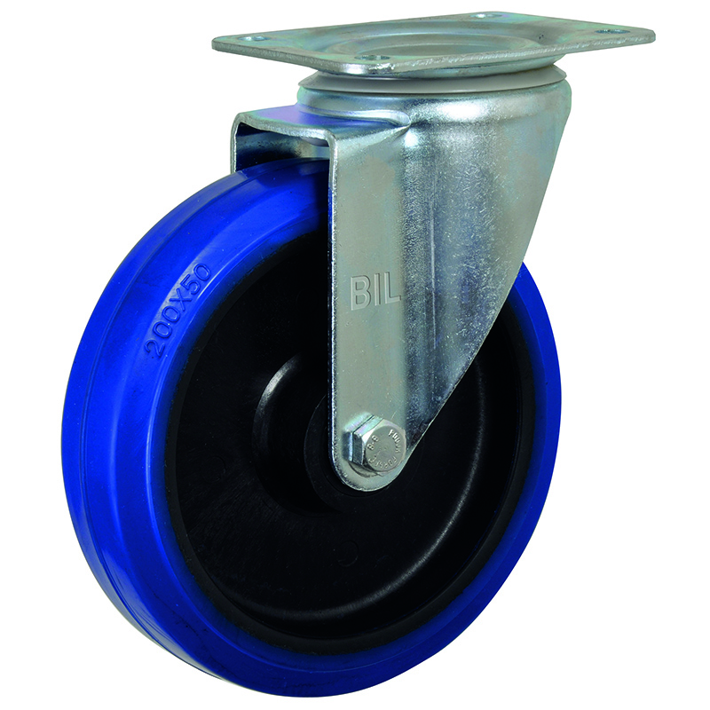 Blue Elastic Rubber 75ShoreA Plate Swivel Castor 250mm 500kg Load