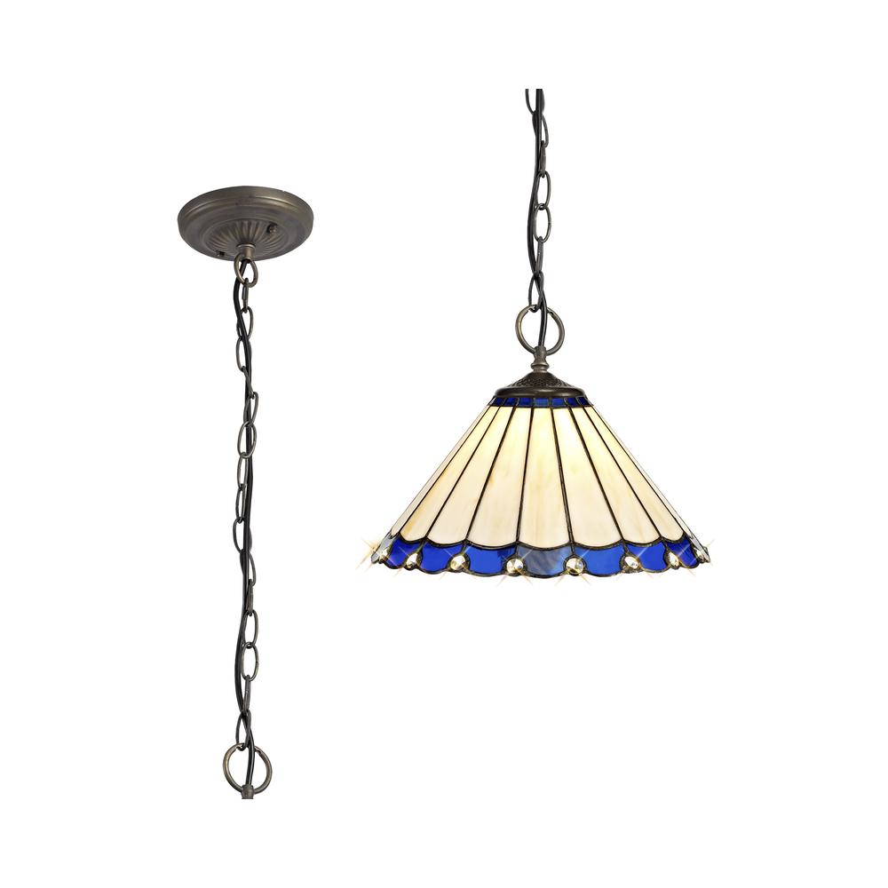 Luxuria Sleek 3 Light Downlighter Pendant E27 With 30cm Tiffany Shade Blue/Cream/Crystal/Aged Antique Brass