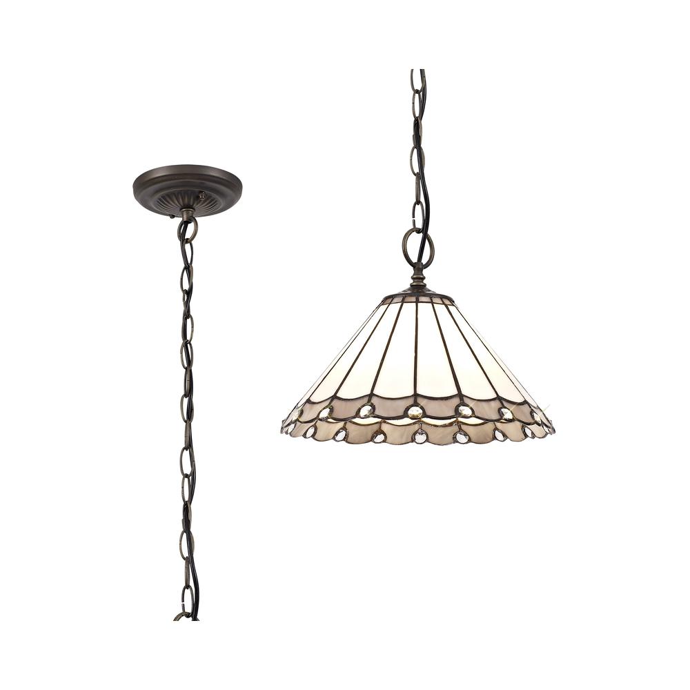 Luxuria Sleek 1 Light Downlighter Pendant E27 With 30cm Tiffany Shade Grey/Cream/Crystal/Aged Antique Brass