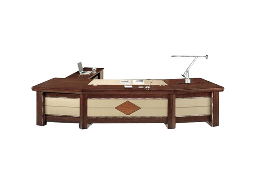 Large Curved High Quality Executive Office Desk with Cream Leather Paneling - With Pedestal and Return - 2800mm / 3000mm / 3200mm / 3400mm - UTB323 UK