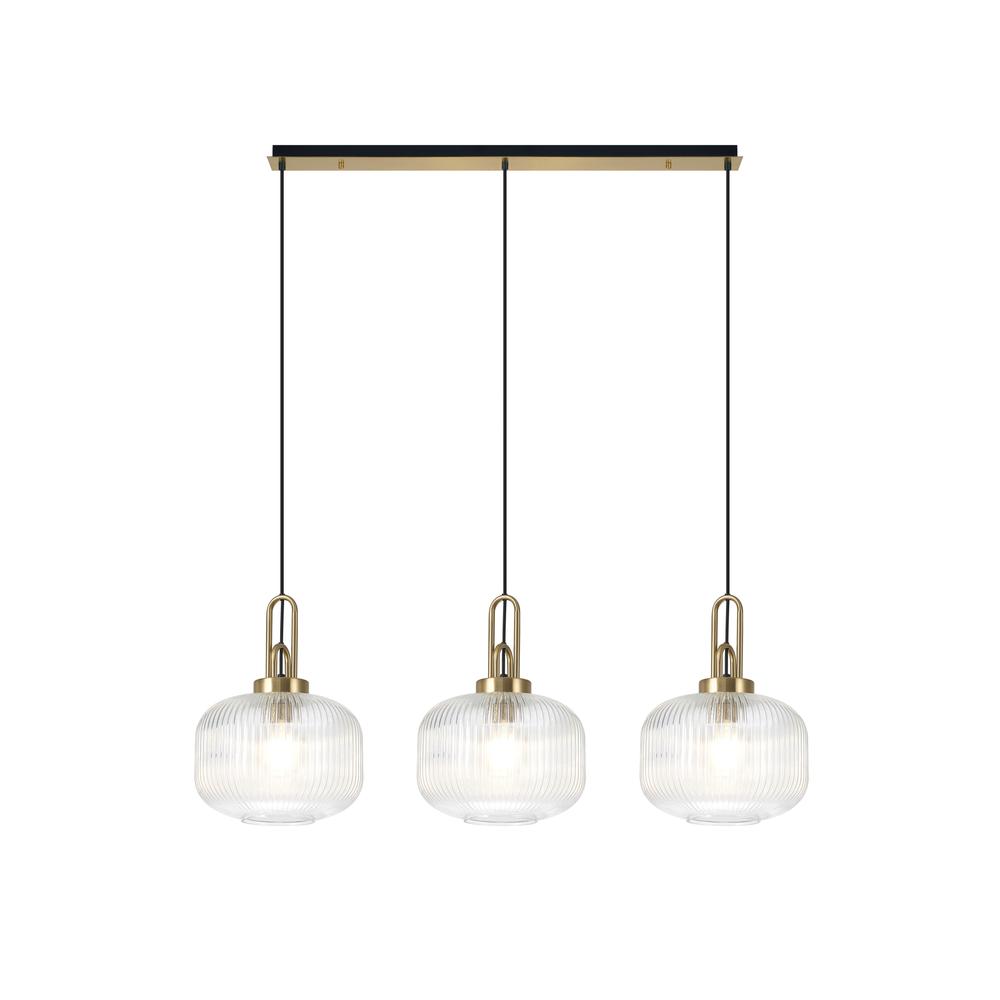 Luxuria Kennith Linear 3 Light Pendant E27 Brass Gold/Matt Black With 30cm Pumpkin Shaped Ribbed Clear Glass