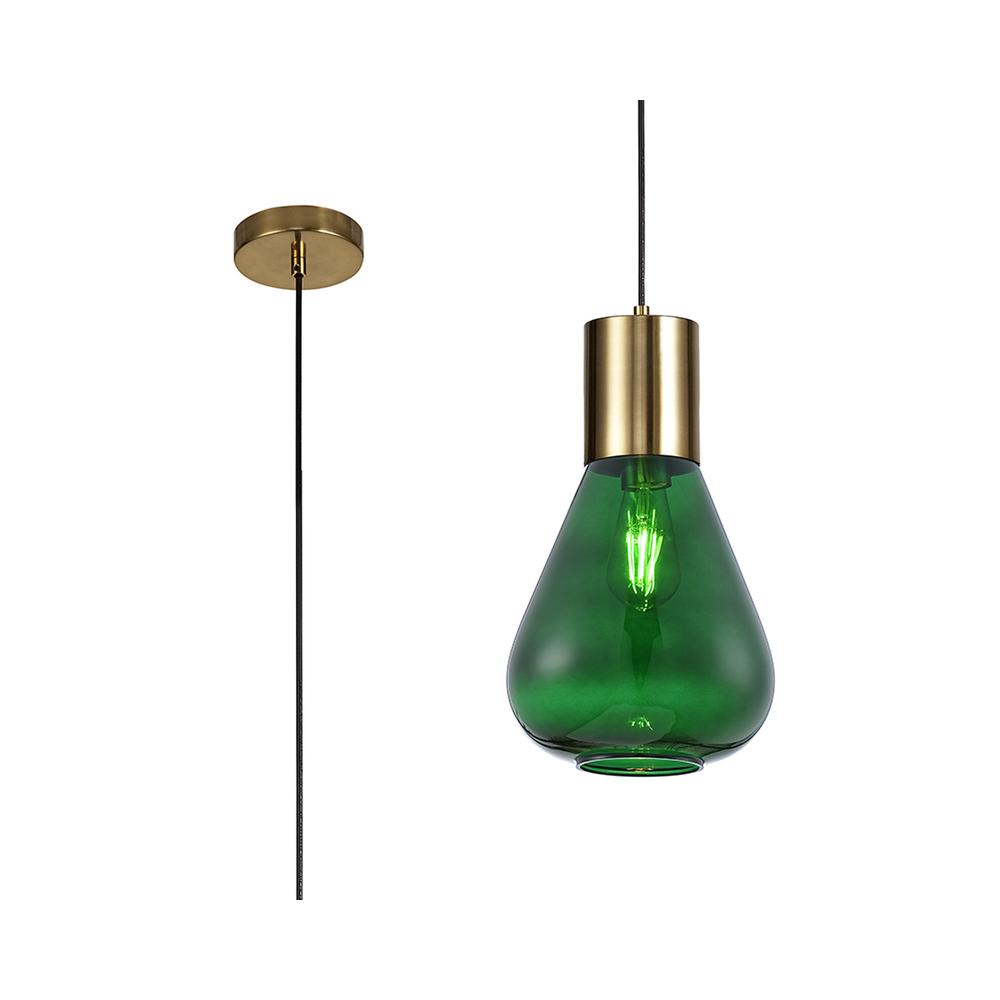 Luxuria Nexus 23cm Narrow Pendant Light E27 Aged Brass/Bottle Green Glass