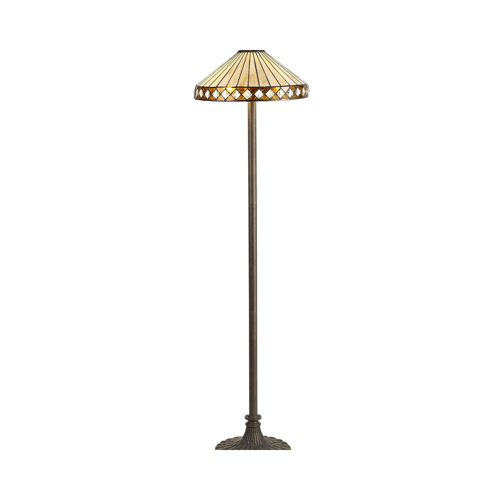 Luxuria Peacock Feather 2 Light Stepped Design Floor Lamp E27 With 40cm Tiffany Shade Amber/Cream/Crystal/Aged Antique Brass