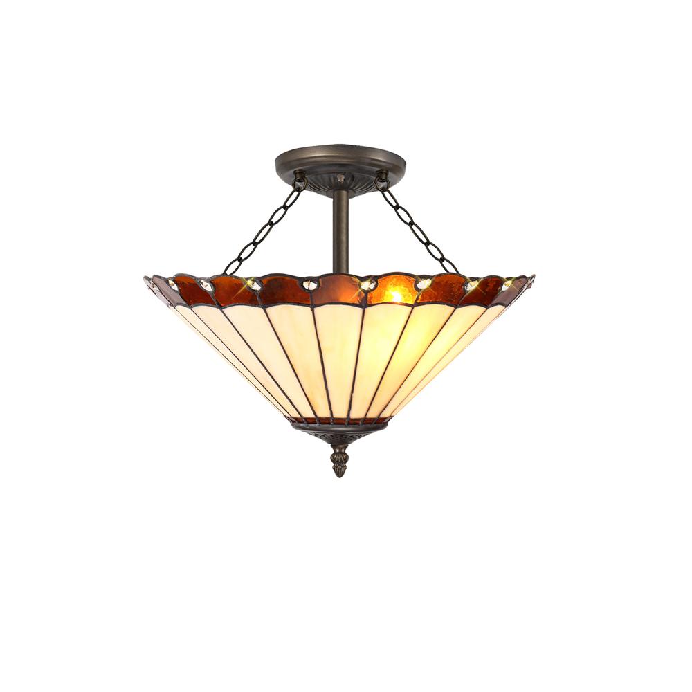 Luxuria Sleek 40.5cm 3 Light Semi Flush E27 With 40cm Tiffany Shade Amber/Cream/Crystal/Aged Antique Brass