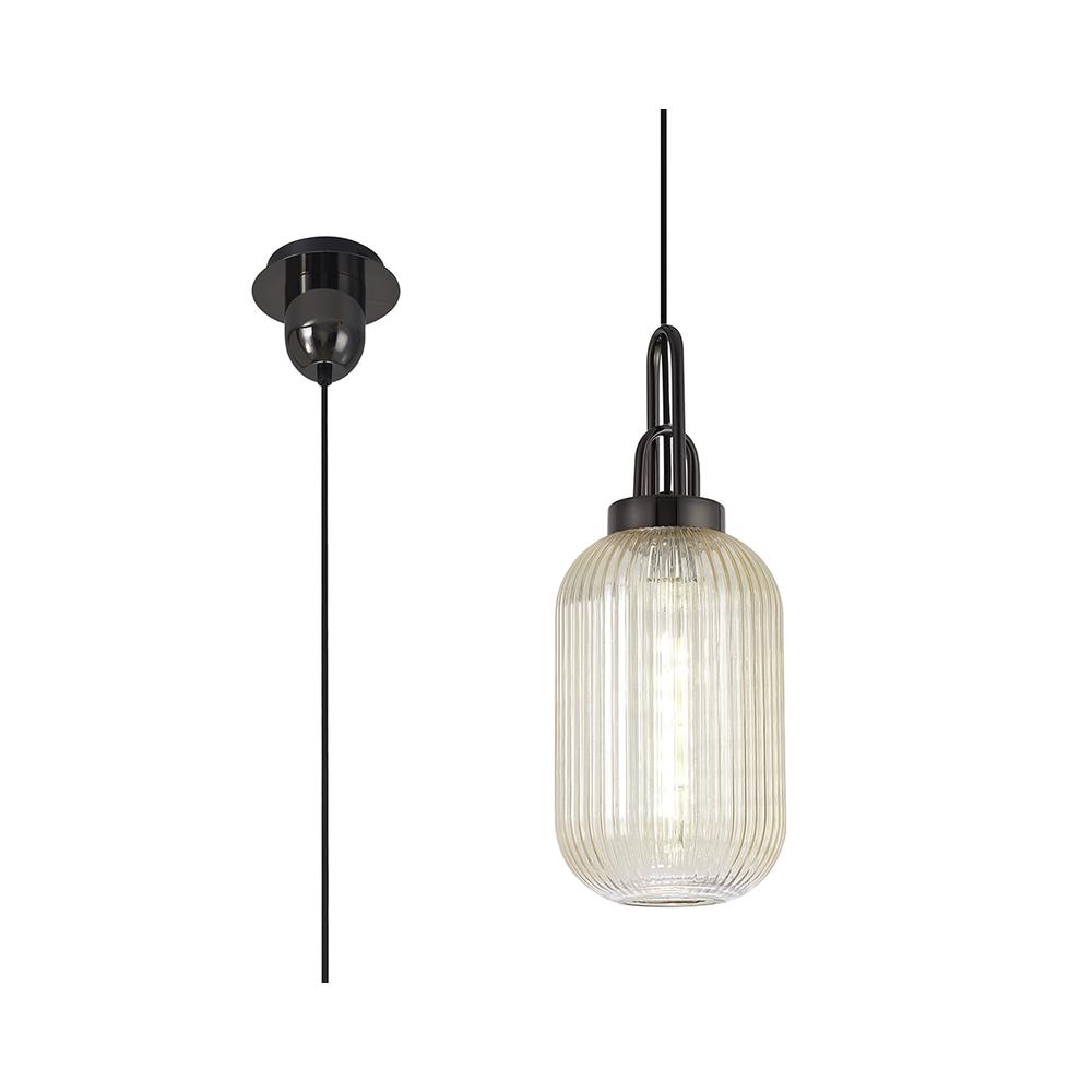 Luxuria Kennith Pendant Light E27 With 20cm Tubular Ribbed Glass Champagne Black Chrome/Matt Black