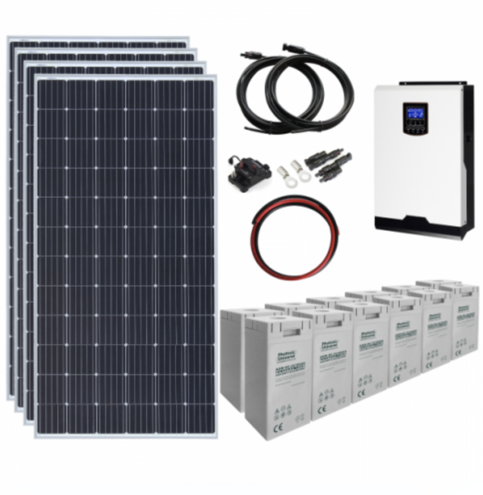 1.4Kw 24V Complete Off-Grid Solar Power System With 4 X 360W Solar Panels, 3Kw Hybrid Inverter And A 7.2Kwh Battery Bank