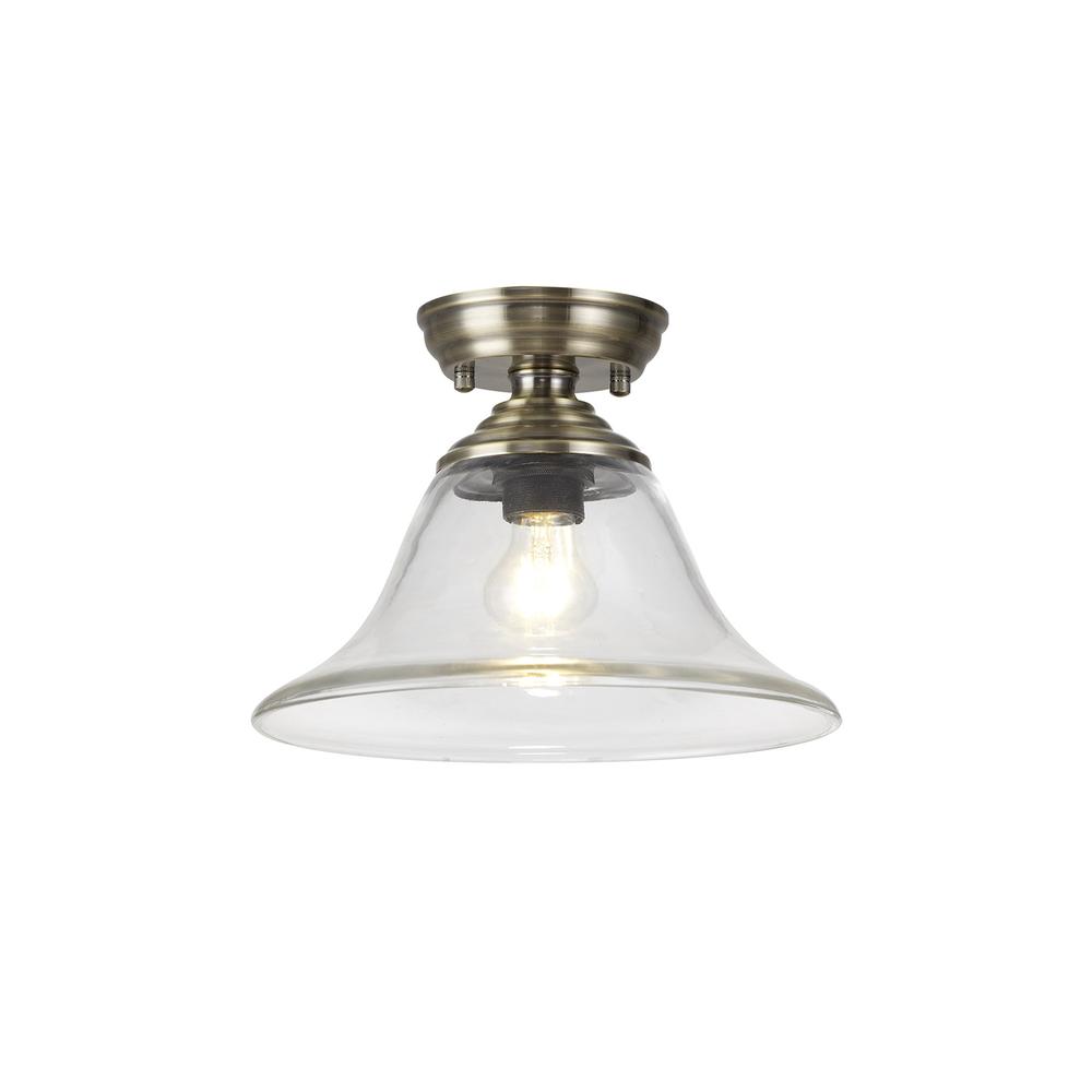 Luxuria Sirius Flush Ceiling Light E27 With Smooth Bell 30cm Glass Shade Antique Brass/Clear