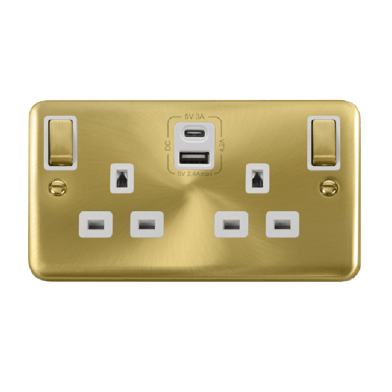 Click Deco Plus 13A Ingot 2G Switched Socket Outlet With Type A & C USB 4.2A Outlets Satin Brass White Inserts