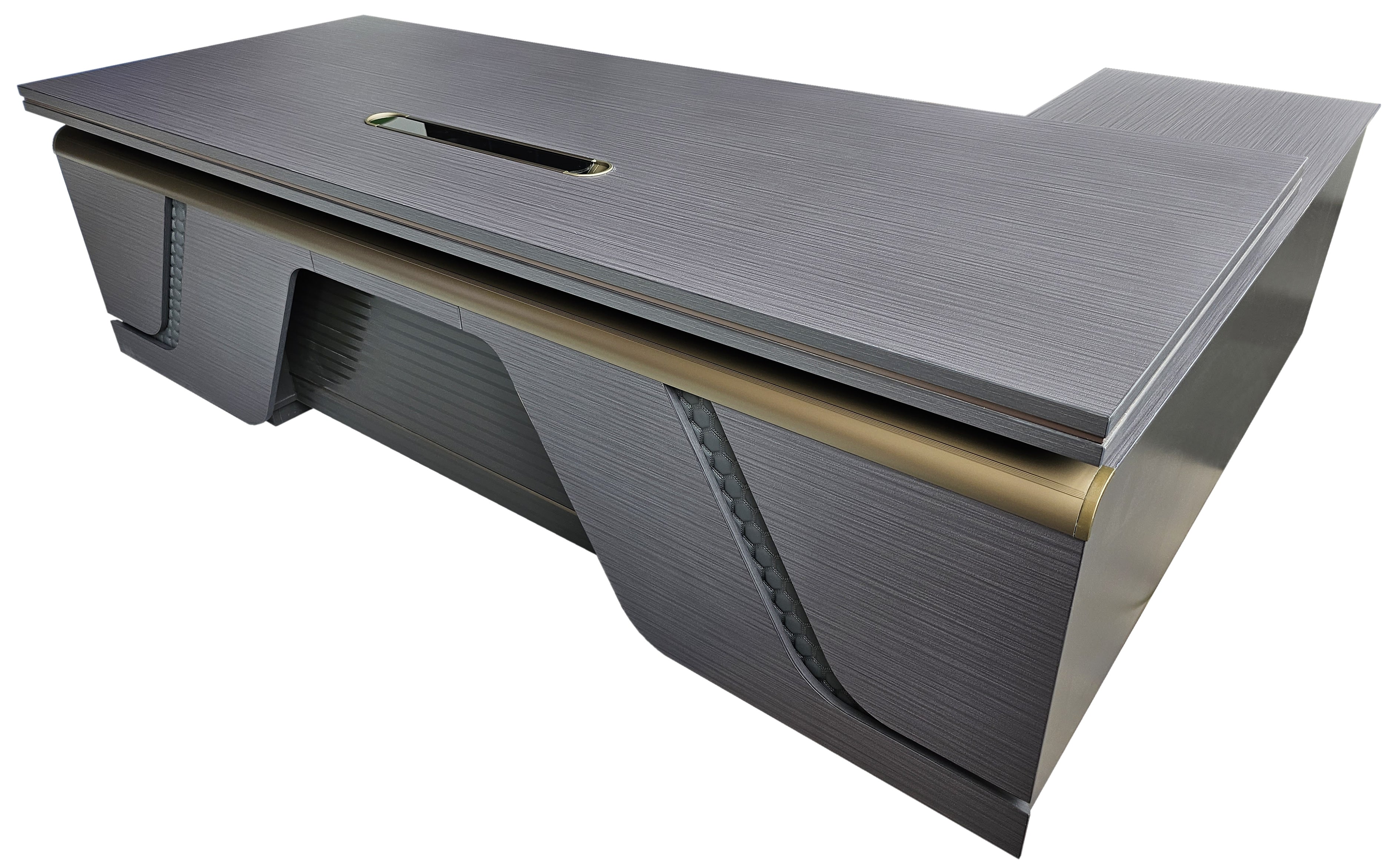 Providers Of Large Modern Grey Oak Executive Corner Office Desk with Full Desktop and Brass Detailing - 2400mm - BP60-D06 UK