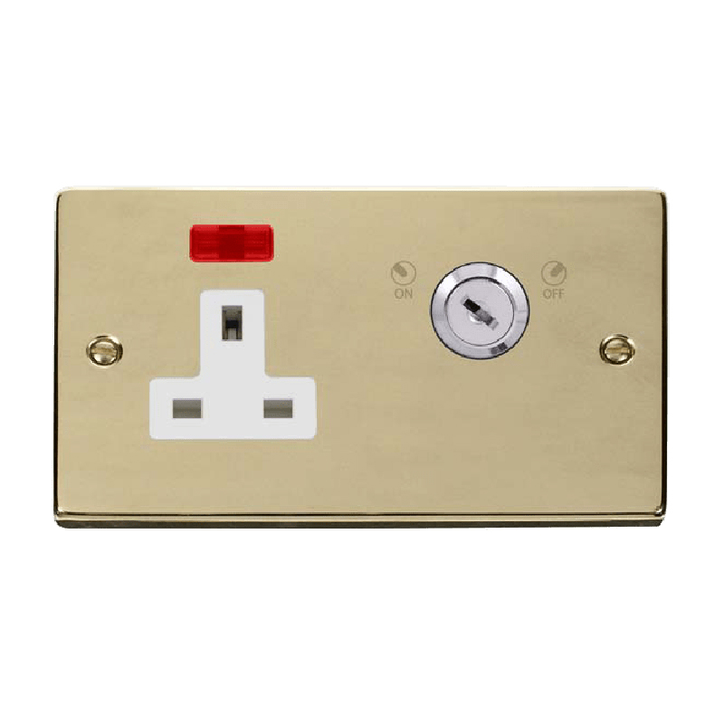 Click Deco 13A 1 Gang DP Key Lockable Socket With Neon Polished Brass Insert White