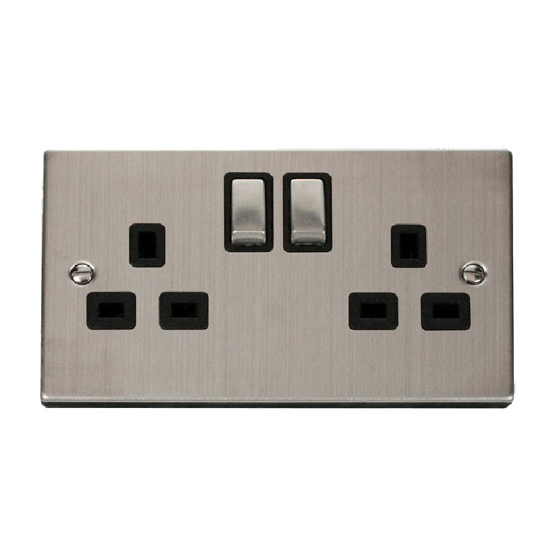 Click Deco 2 Gang 13A DP 'Ingot' Switched Socket Outlet (Twin Earth) Stainless Steel Insert Black