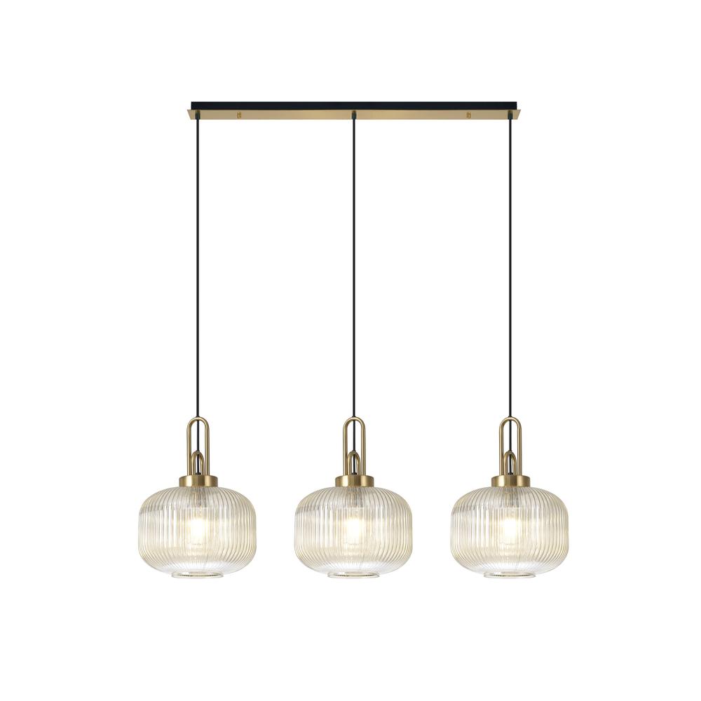 Luxuria Kennith Linear 3 Light Pendant E27 Brass Gold/Matt Black With 30cm Pumpkin Shaped Ribbed Champagne Glass