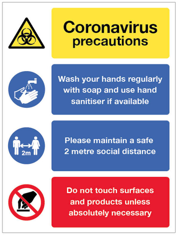 Coronavirus precautions sign - Wash hands, maintain 2 metre distance, avoid touching surfaces