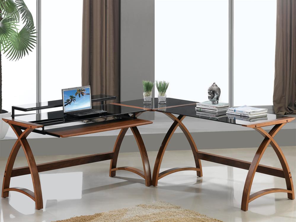 Corner Glass Office Desk Walnut & Black PC201-CNR UK