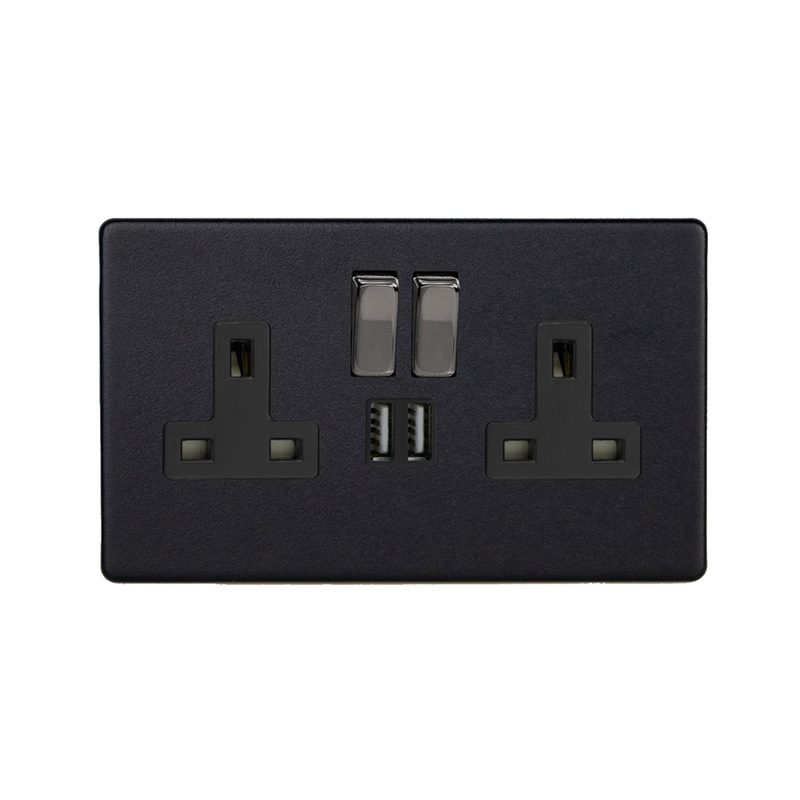 Varilight Urban 2G 13A SP Switched Socket with USB Charging Ports Matt Black Screw Less Plate