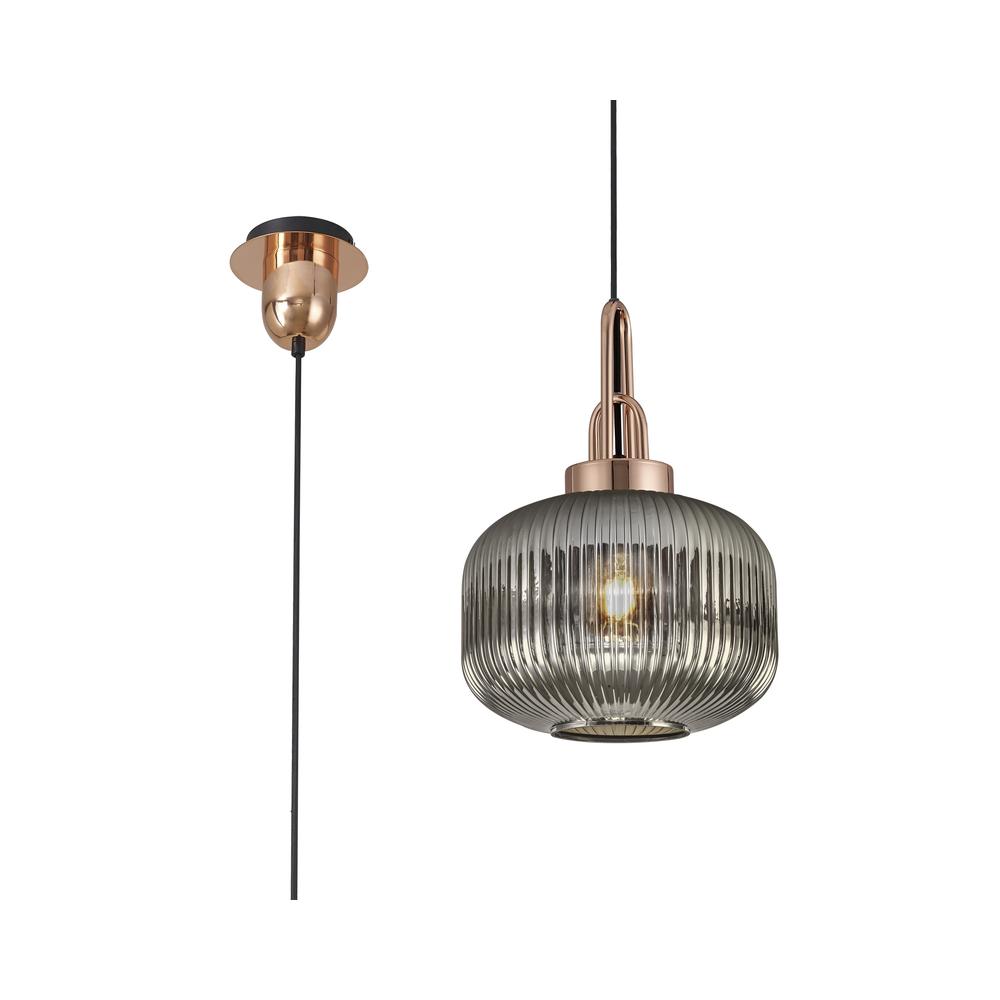 Luxuria Kennith Pendant Light E27 With 30cm Pumpkin Shaped Ribbed Glass Smoked Copper/Matt Black