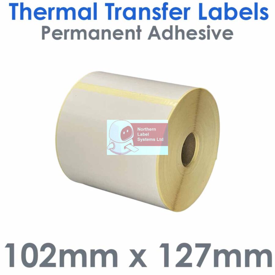 102127TTYPW1-500, 102mm x 127mm, Permanent Adhesive, Thermal Transfer Labels, 500 per roll, FOR SMALL DESKTOP LABEL PRINTERS
