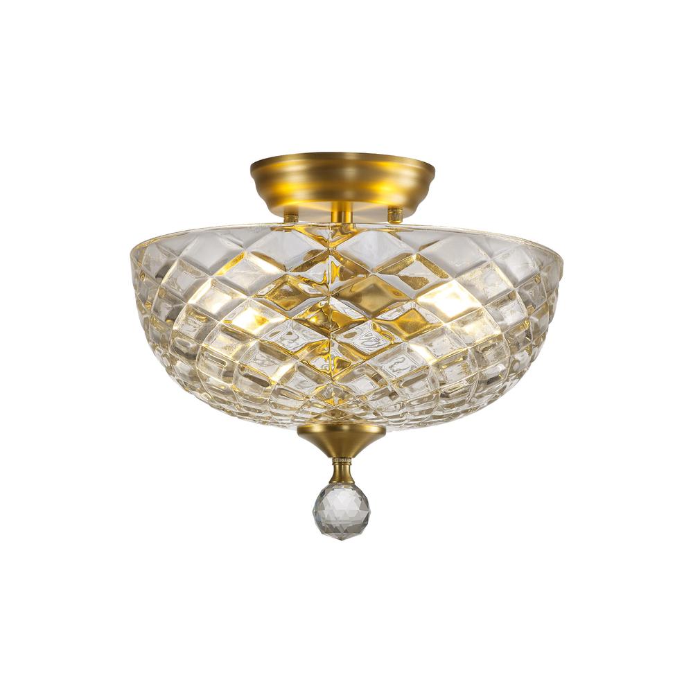 Luxuria Sirius Flush Ceiling Light 2xE27 With Flat Round 30cm Patterned Glass Shade Satin Gold/Clear