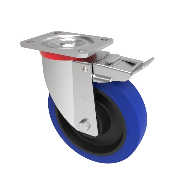 Blue Elastic Rubber 65Shore A Plate Swivel Castor Brake 100mm 275kg Load