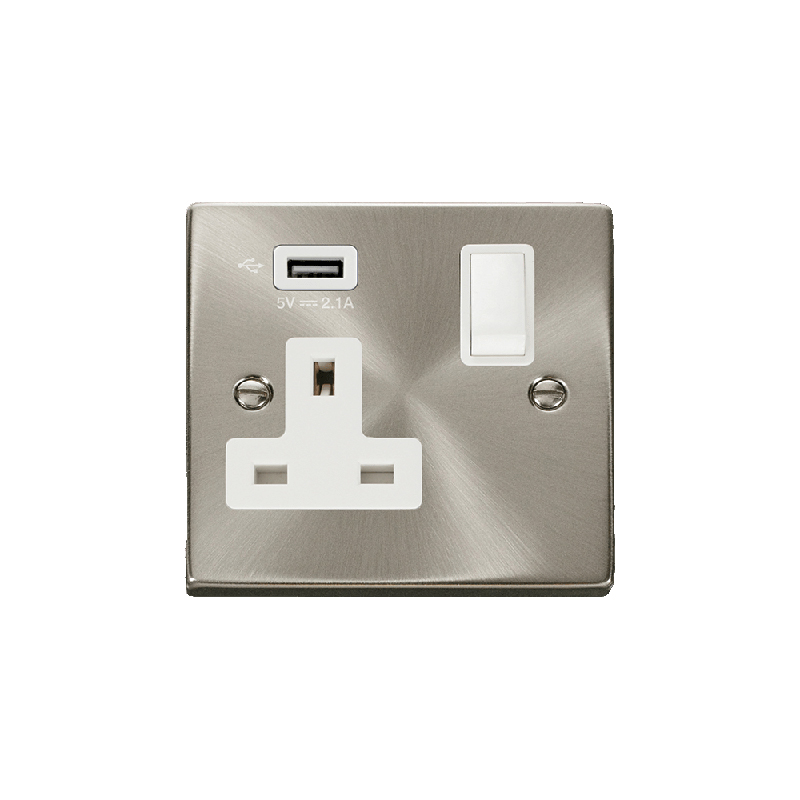 Click Deco 13A 1G Switched Socket with Single 2.1A USB Satin Chrome Insert White