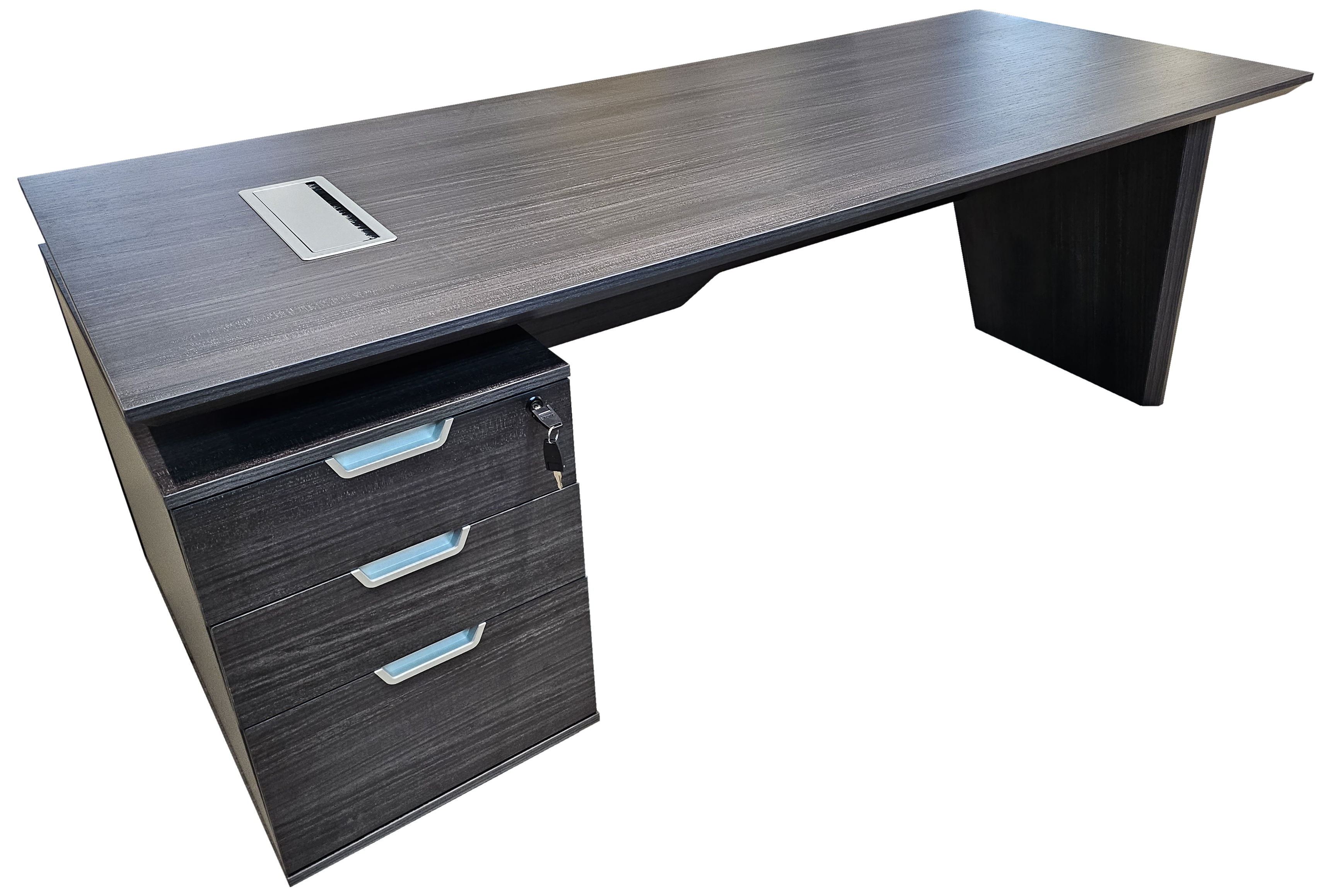 Modern Grey Oak Veneer Executive Office Desk with Built in Pedestal and Inclined Leg - 1600mm - DG19-S-D16 UK