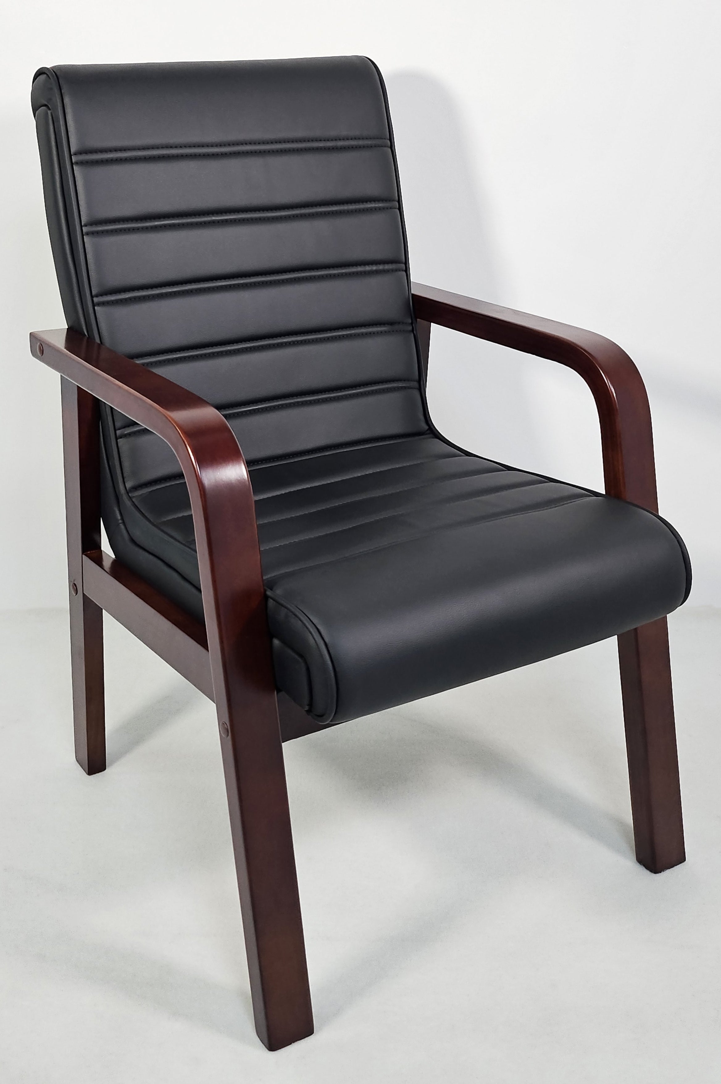 Black Leather Visitor Chair with Curved Walnut Arms - C050-1 Huddersfield