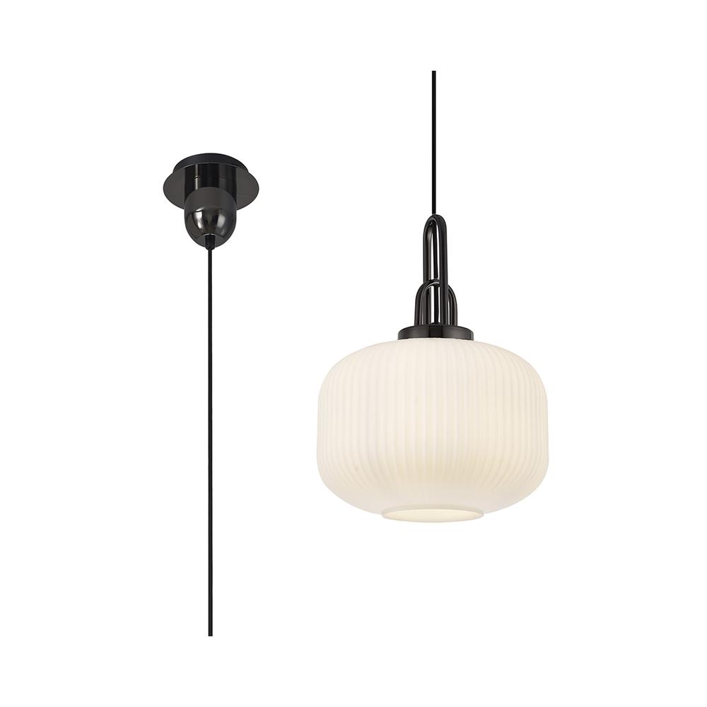 Luxuria Kennith Pendant Light E27 With 30cm Pumpkin Shaped Ribbed Glass Opal Black Chrome/Matt Black