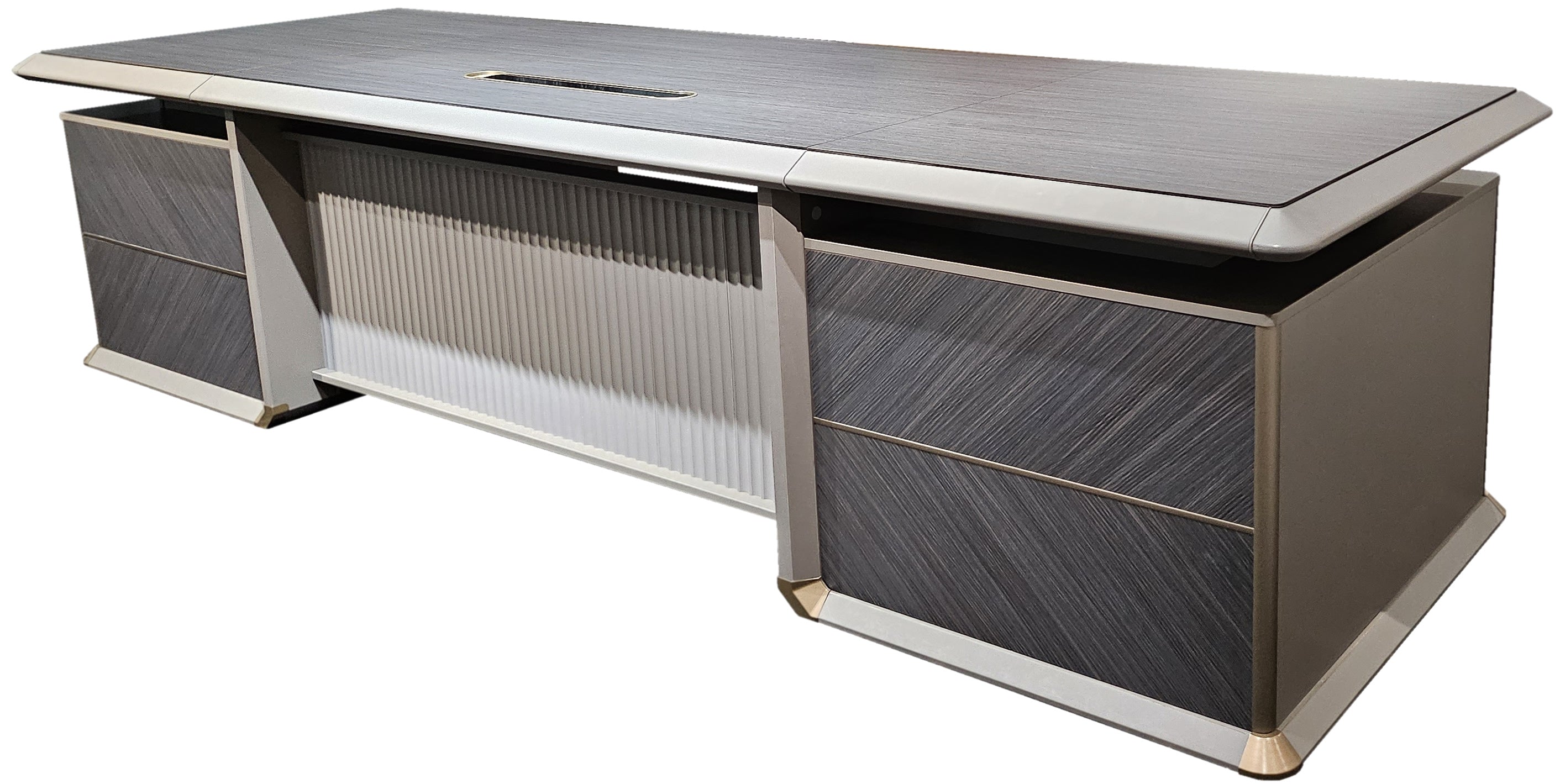 Specialising In Large Modern Grey Oak Straight Office Desk with Herringbone Detailing and Built in Storage - 2800mm - DHH-D0128 UK