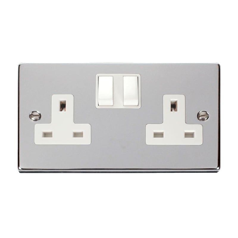 Click Deco 2 Gang 13A DP Switched Socket Outlet (Twin Earth) Polished Chrome Insert White