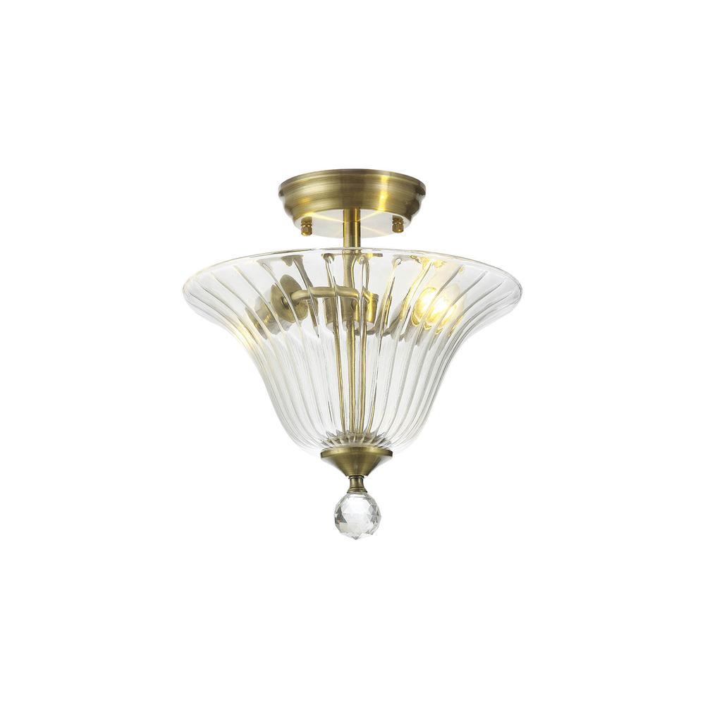 Luxuria Sirius Flush Ceiling Light 2xE27 With Bell 30cm Glass Shade Antique Brass/Clear