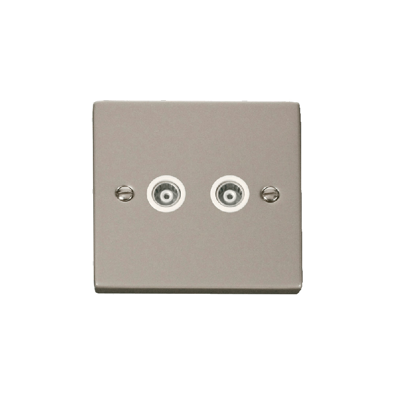 Click Deco Twin Isolated Coaxial Socket Outlet Pearl Nickel Insert White