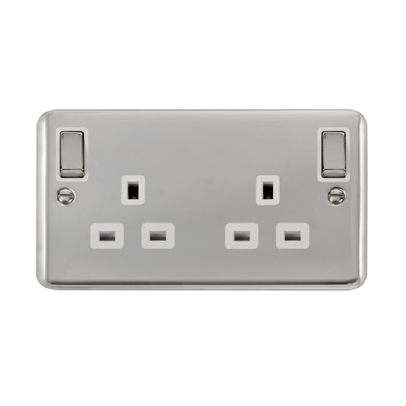 Click Deco Plus 13A Ingot 2G DP Switched Socket Outlet With Outboard Rockers Polished Chrome White Inserts